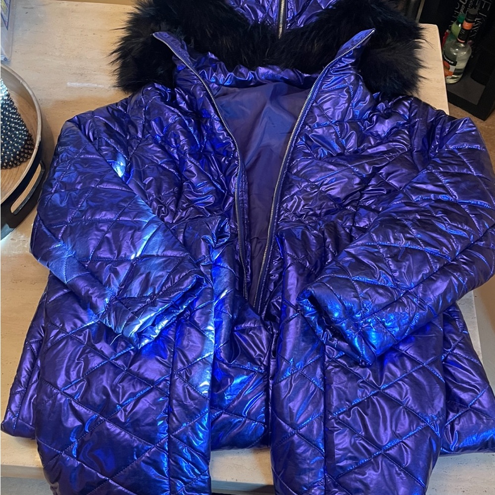 Shiny Purple Quilted Snowsuit with Black Fur Hood (NWOT)